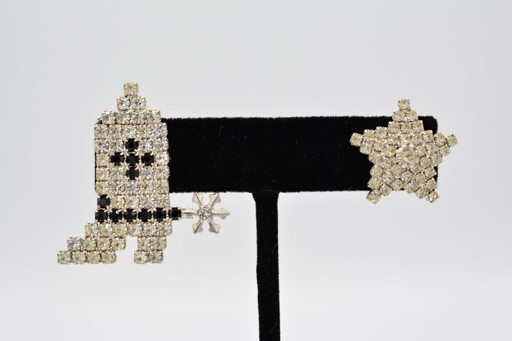 Vintage Boot Star Earrings Rhinestone Crystal Black Cowboy Sherrif 1980s BinAA